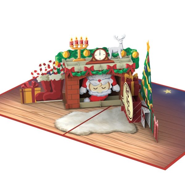 Papercrush pop-up kaart Kerstman in de schoorsteen opengevouwen