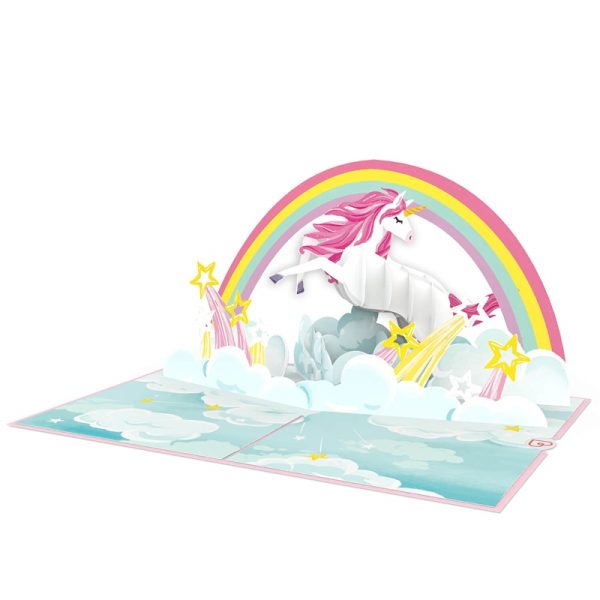 Papercrush pop-up kaart eenhoorn met regenboog opengevouwen