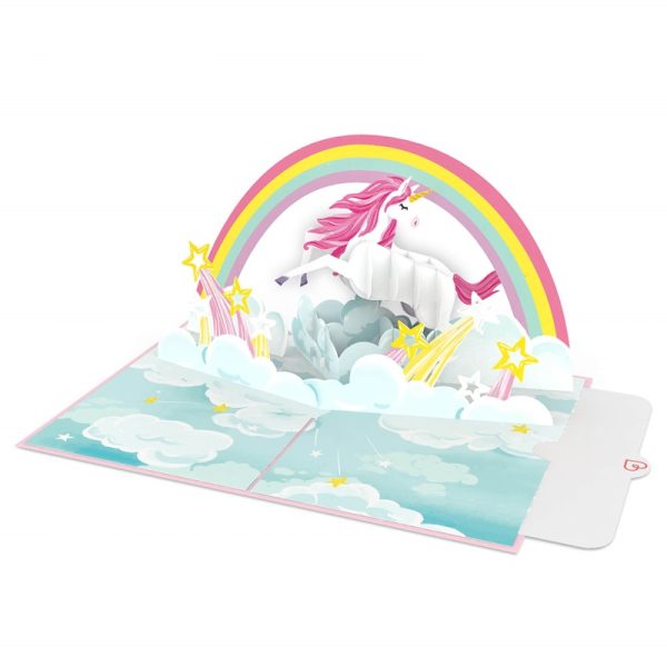 Papercrush pop-up kaart eenhoorn met regenboog opengevouwen voorbeeld