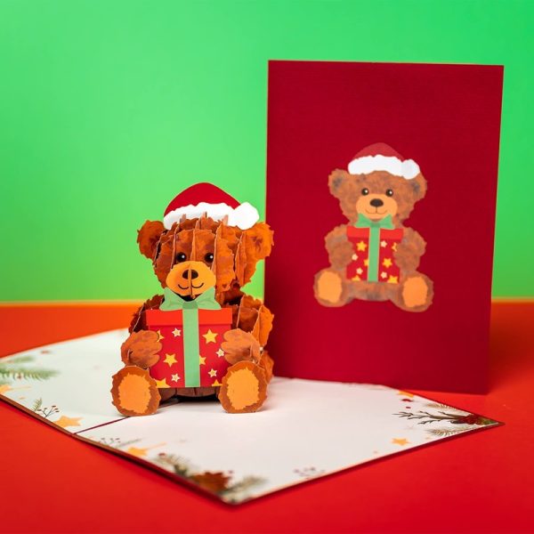 Papercrush pop-up kaart kerst teddy voorkant en binnenkant
