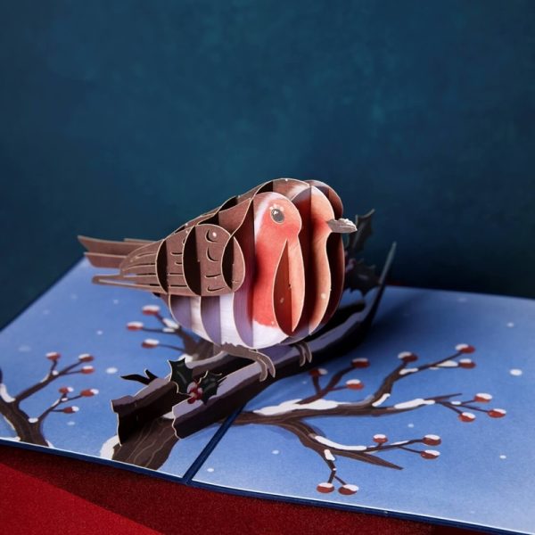 Papercrush pop-up kaart roodborstje in de winter sfeerfoto op tafel