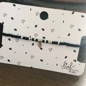 Lief label armband zwart feather zilver
