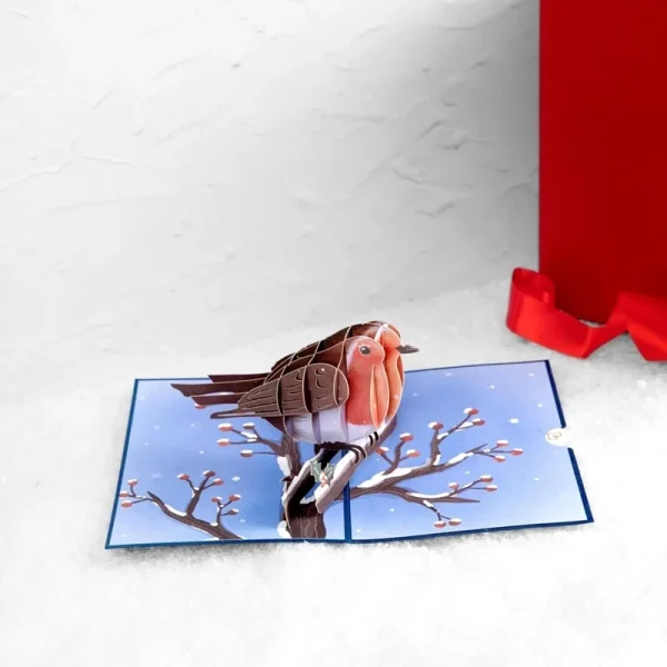 Papercrush pop-up kaart roodborstje in de winter sfeerfoto kaart met sneeuw