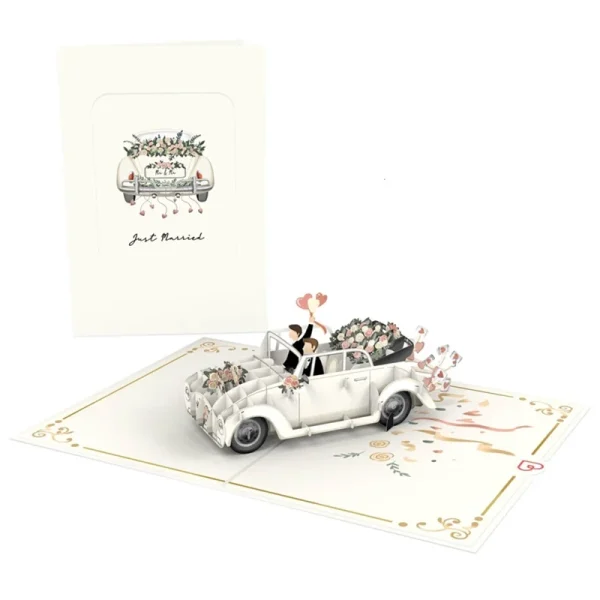 Papercrush pop-up kaart trouwauto met homopaar voorkant en binnenkant