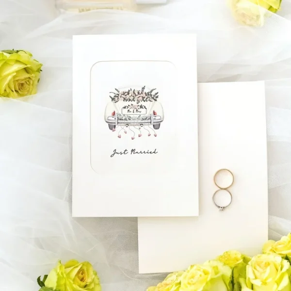 Papercrush pop-up kaart trouwauto sfeerfoto kaart met ringen