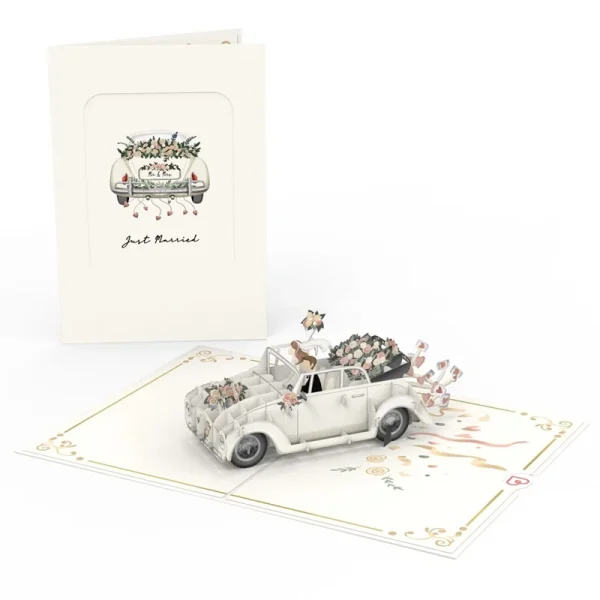 Papercrush pop-up kaart trouwauto voorkant en binnenkant