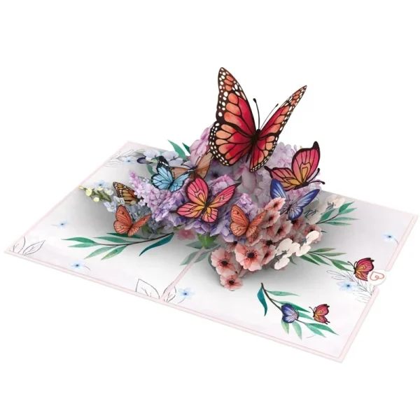 Papercrush pop-up kaart vlinders op bloemen uitgevouwen
