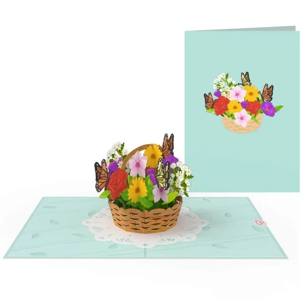 Papercrush pop-up wenskaart bloemenmand met vlinders voorkant en binnenkant