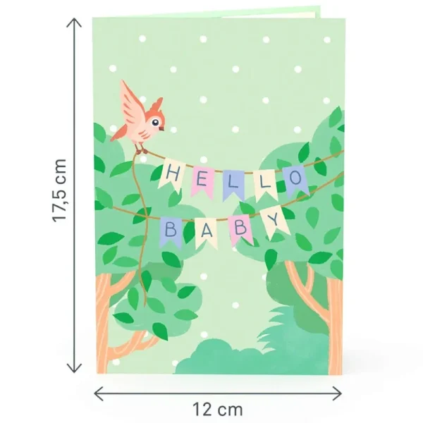 Papercrush pop-up wenskaart hello baby voorkant met afmetingen