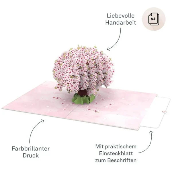 Papercrush pop-up wenskaart kersenbloesem XXL binnenkant met schrijfkaart