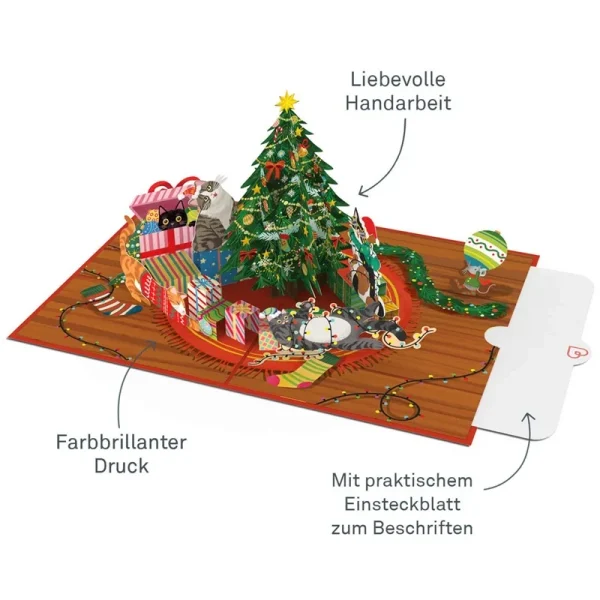 Papercrush pop-up wenskaart kerstboom met katten binnenkant met schrijfkaart