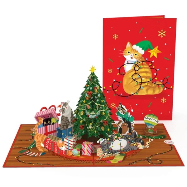 Papercrush pop-up wenskaart kerstboom met katten voorkant en binnenkant