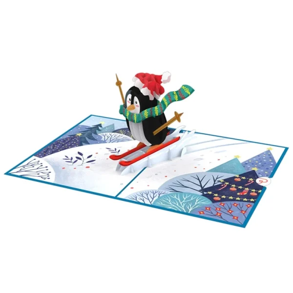 Papercrush pop-up wenskaart pinguïn op ski's binnenkant