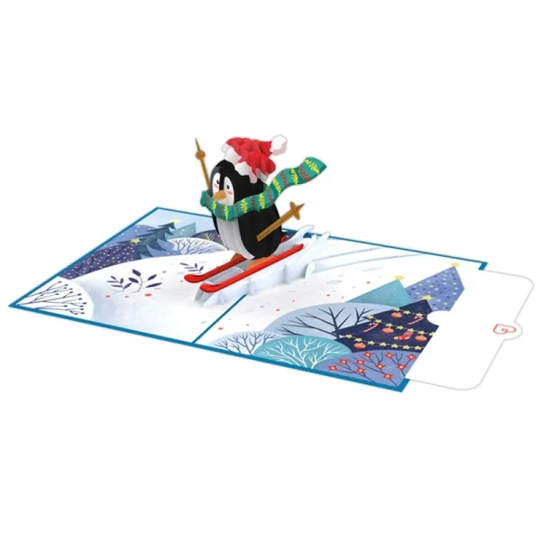 Papercrush pop-up wenskaart pinguïn op ski's binnenkant met schrijfkaart