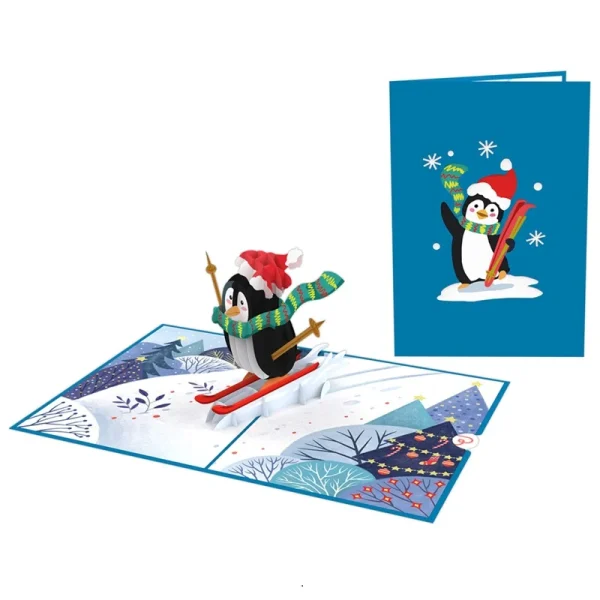 Papercrush pop-up wenskaart pinguïn op ski's voorkant en binnenkant