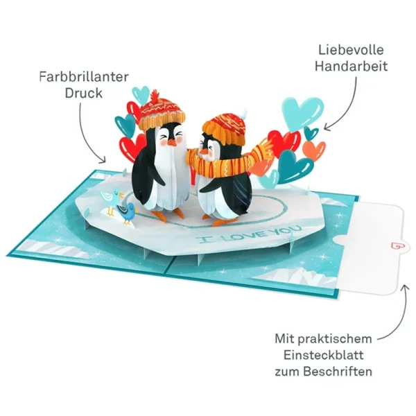 Papercrush pop-up wenskaart pinguïnliefde binnenkant met schrijfkaart