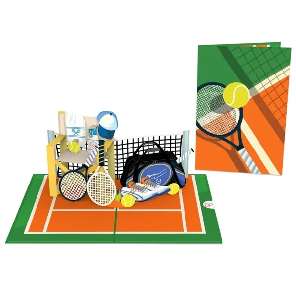 Papercrush pop-up wenskaart tennis voorkant en binnenkant