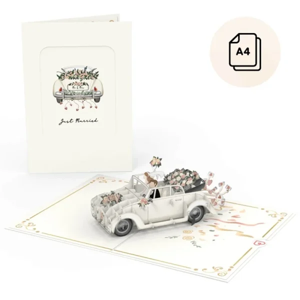 Papercrush pop-up wenskaart trouwauto (mr & mrs) XXL voorkant en binnenkant