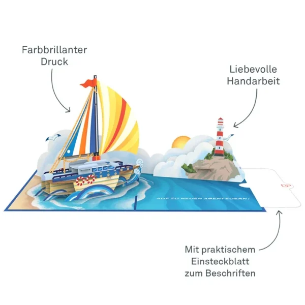 Papercrush pop-up wenskaart zeilschip op nieuwe avonturen binnenkant met schrijfkaart